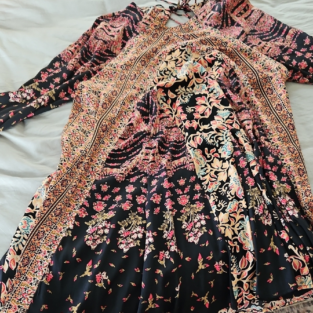 Free People Floral Long Sleeve Dress - Black and Pink